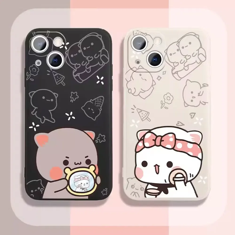 Cartoon Peach Mochi Cat Couple Phone Case for IPhone 15 14 13 12 11 Pro Mini X XR XS MAX 7 8 Plus Cute Animal Paired Soft Covers