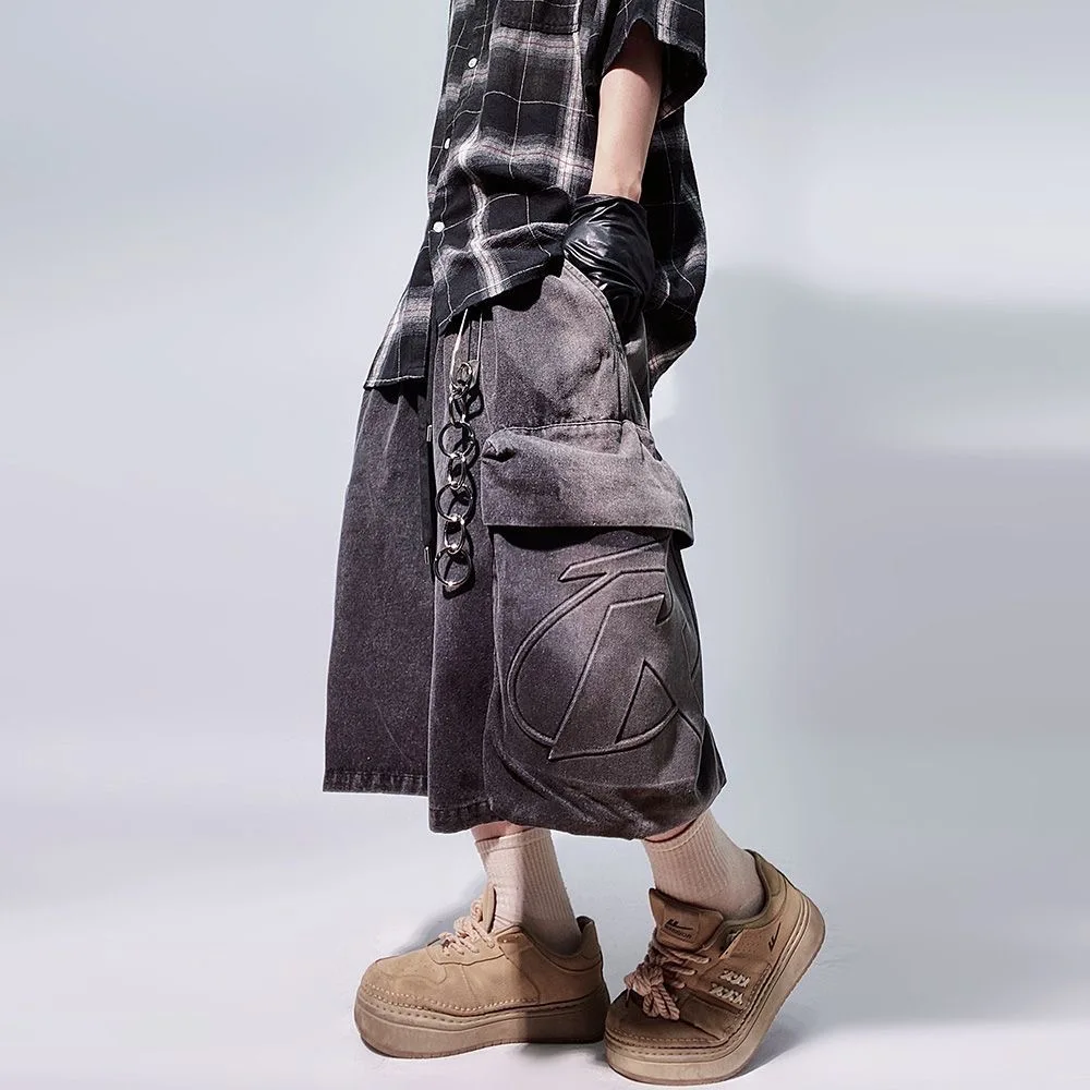Y2k Summer New Shorts Mens Loose Retro Hip Hop Wide Leg Sweatpants Oversized Pocket Letter Pattern Denim Gym Shorts Streetwear