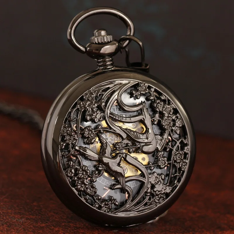 นาฬิกาพกกลอัตโนมัติเต็มรูปแบบย้อนยุคพลิกโลหะกลวงสร้อยคอนักเรียนจี้นาฬิกา