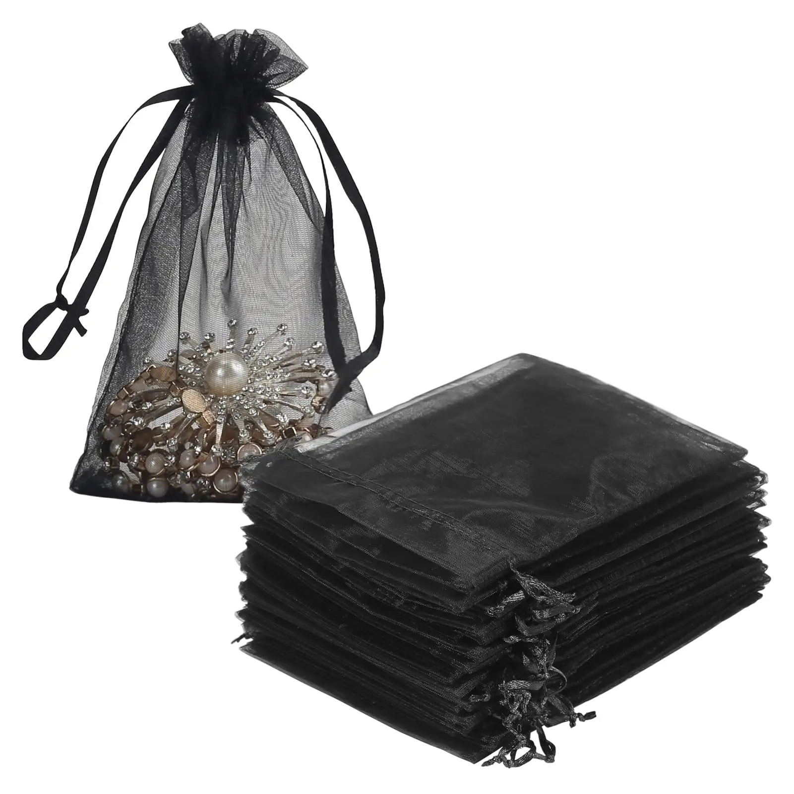 100PCS Black Organza Gift Bags,Multi Size Mesh Organza Pouches With Drawstring Jewelry Packaging Bags for Party Candy Makeup