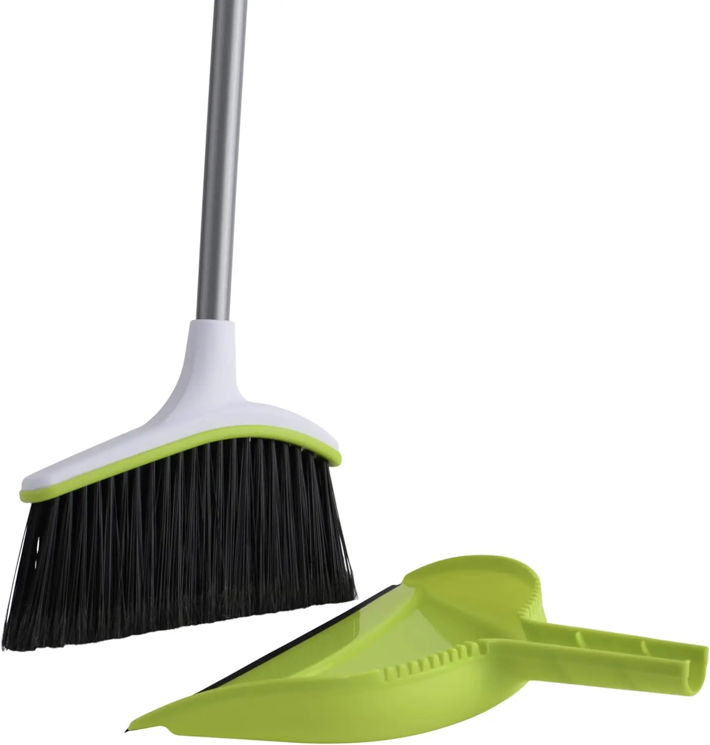 

44-Inch Angled Broom and Dustpan Set with Long Handle, Silver/Green for Easy Cleaning