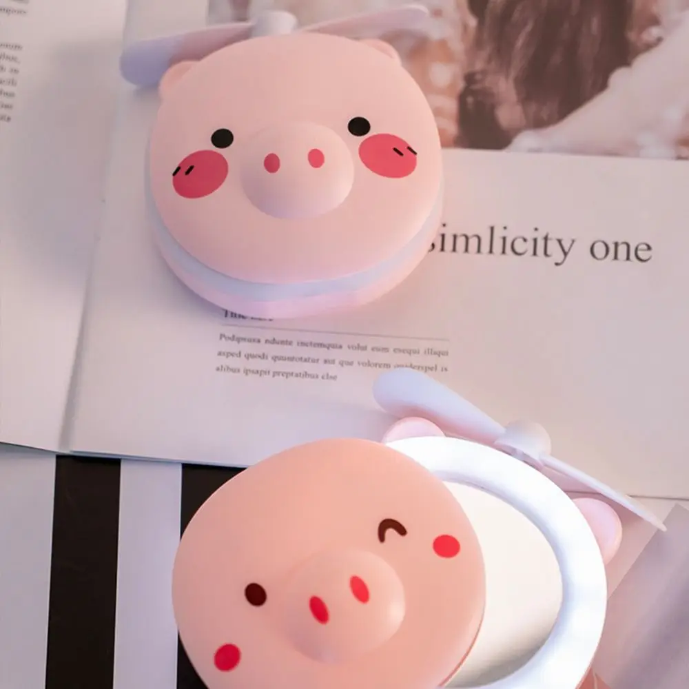 HD Mirror Cartoon Makeup Mirror with Fan Creative Cute Pink Piggy Fan LED Light Round Led Cosmetic Mirror Home