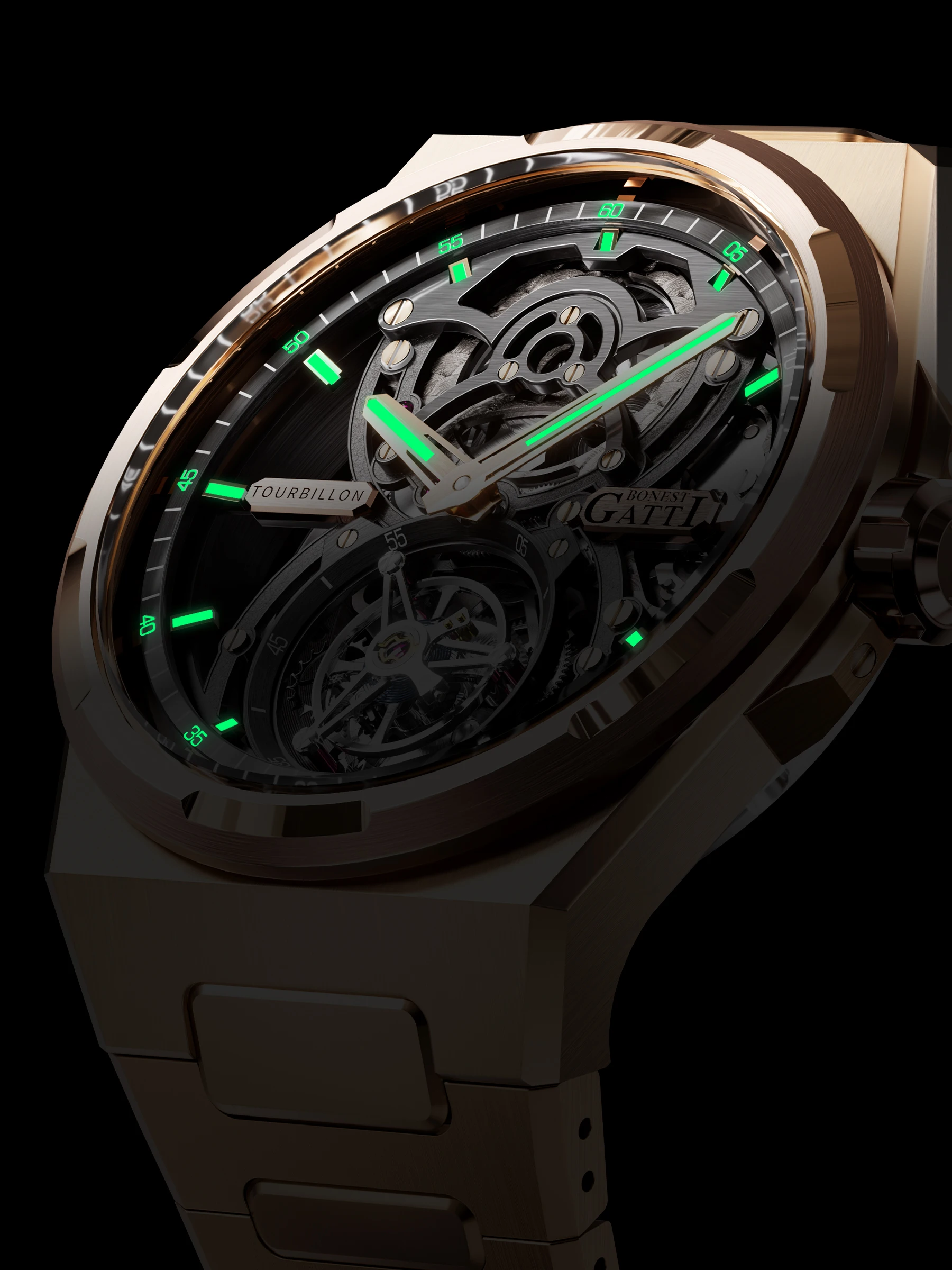 BONEST GATTI Мужские часы с турбийоном 42 мм Механические наручные часы с сапфировым стеклом Светящийся кристалл Скелет-циферблат