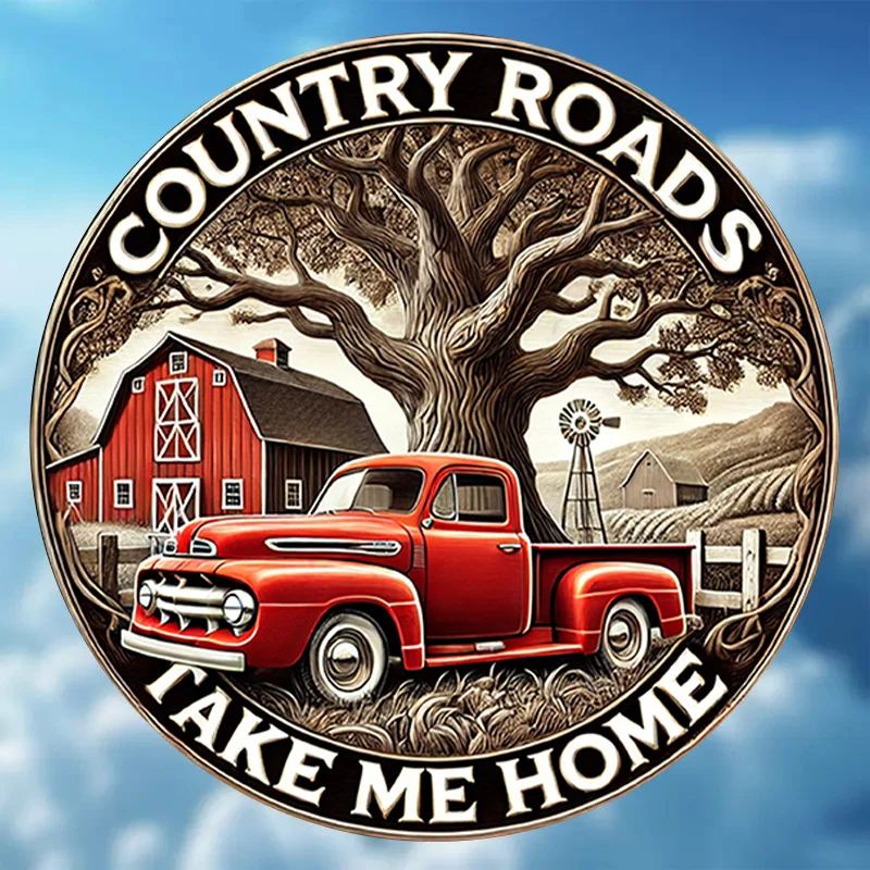Vintage „Country Roads Take Me Home“ 20,3 cm rundes Metallschild – rustikales rotes Pickup- und Blattbaum-Design, rahmenlose Wandkunst für Bar