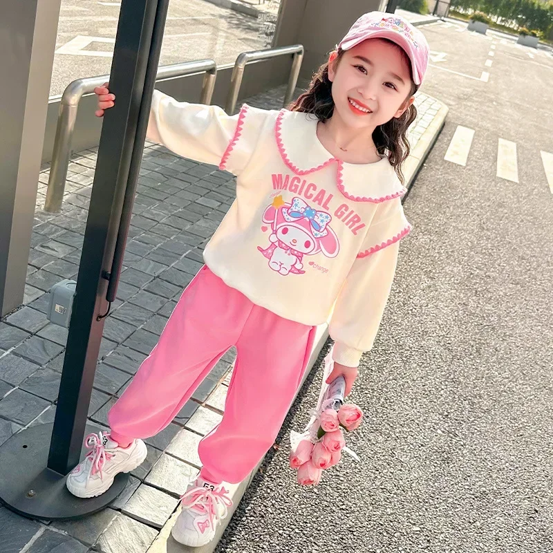 Anime Sanrio My Melody Children's Clothes Fashion Sweater Sweatpants Casual Kawaii New Kuromi Girls Two Piece Set Birthday Gifts