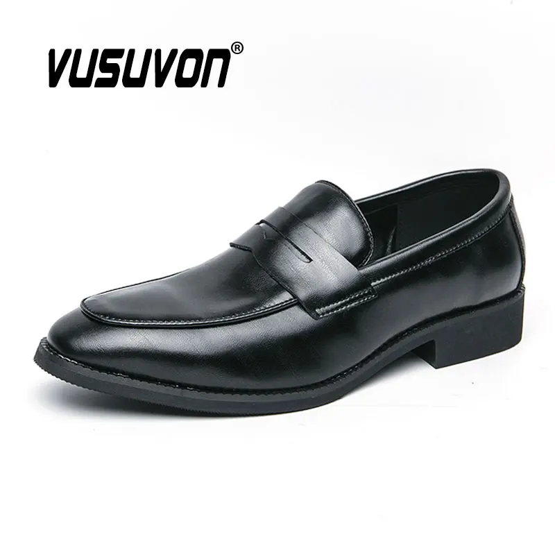 Fashion Men Loafers Split Leather Casual Dress Brogue Loafers Slip-On Classic Black Footwear Big Size 38-46