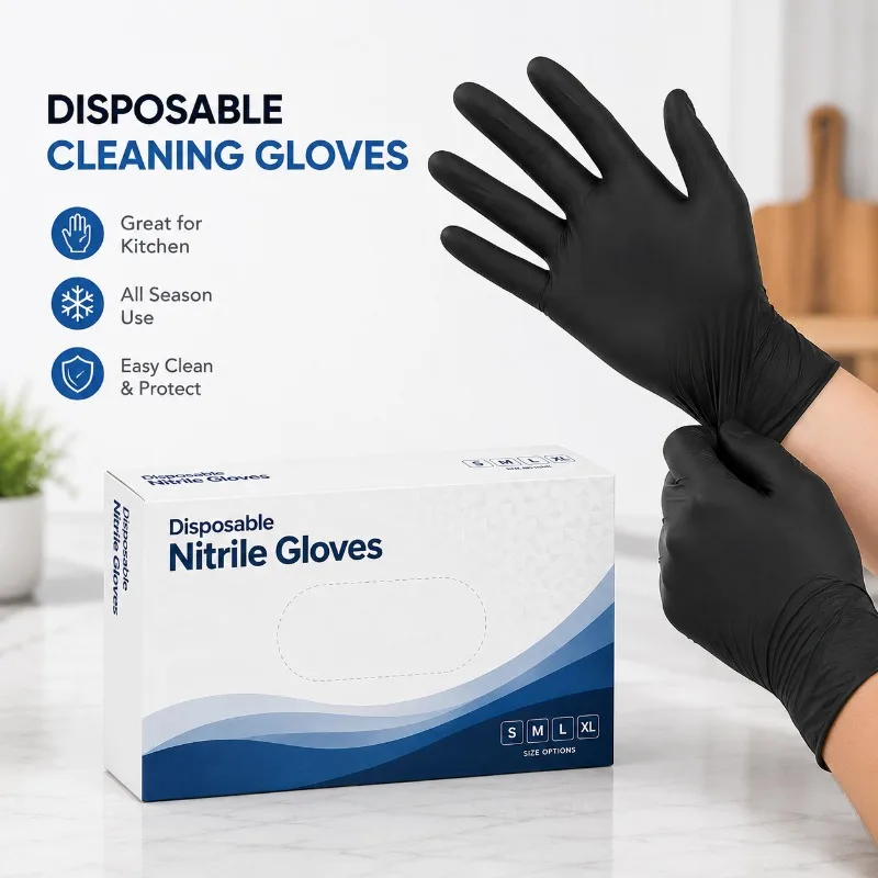 50PCS Black Nitrile Disposable Gloves Flexible Stain‑Repellent Gloves for Tattoo Hair Dye Salon Beauty Household Cleaning Work