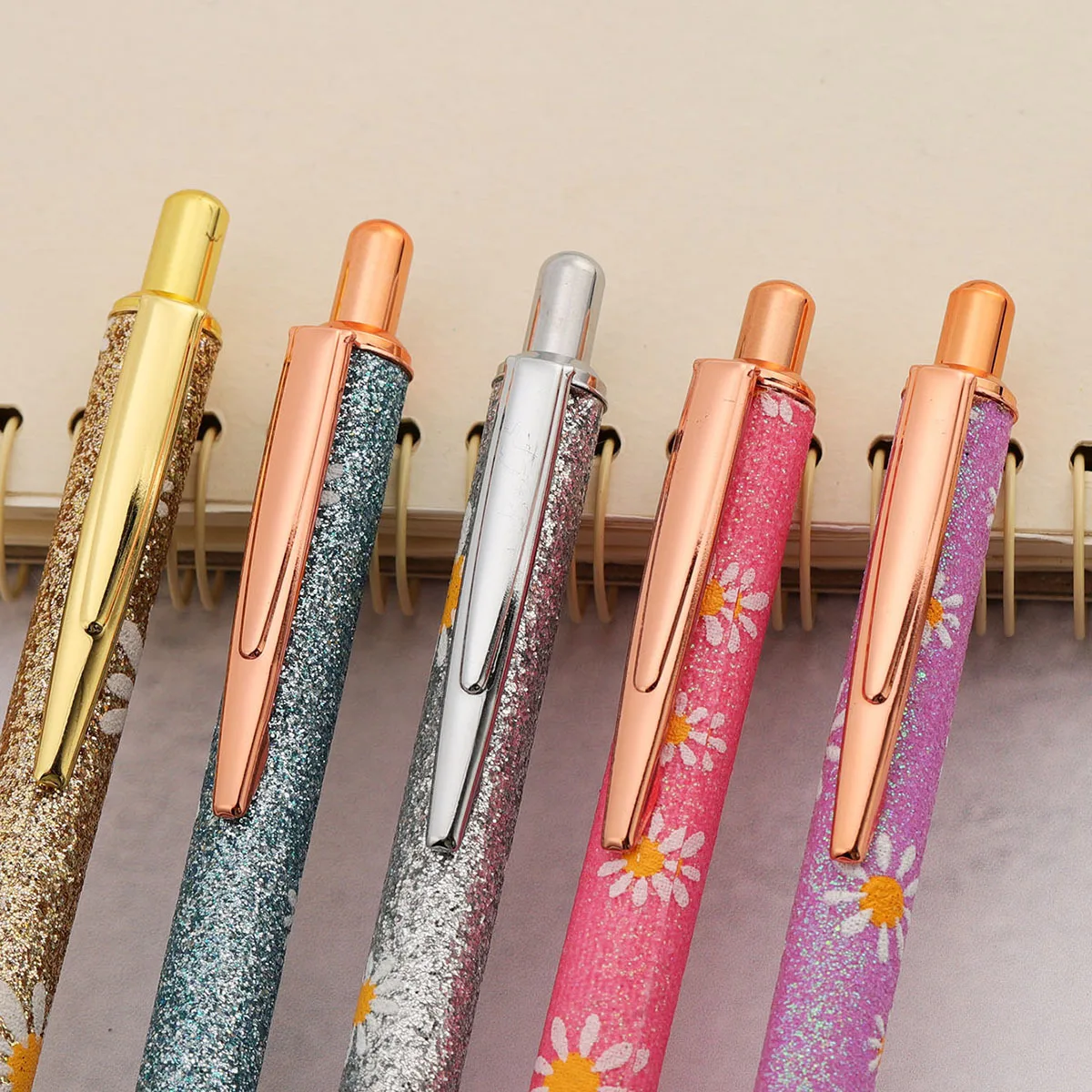 Lytwtw's Cute Daisy Press Ballpoint Pen Luxury Cute Wedding Gold Metal Stationery School Office Supplies 5 Pieces