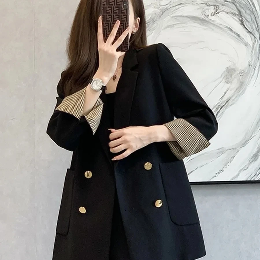 Beige Black Suit Casual Jacket Women Blazer Tops 2024 New Spring Autumn Korean Version Double-Breasted Suit Coat Casaco Feminino