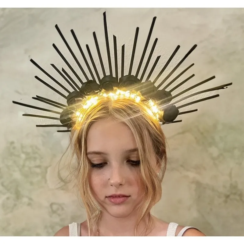 

LED Light Up Halo Crown - Flower Satin Rose Goddess Headpiece with Spikes - Spiked Sun Headpiece for Cosplay Halloween Costume