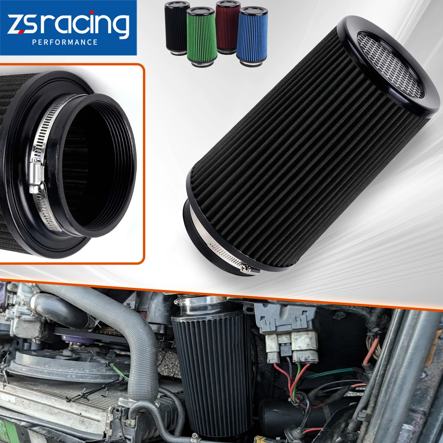 

76mm 89mm 102mm 3" 3.5" 4" Universal High Flow Cold Air Intake Air Filter 10.6" Tall Washable Air Filters With Adapters OFI141