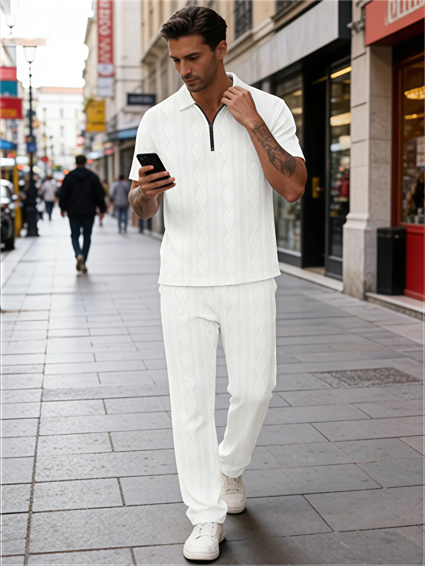 

Jacquard Textured Knitted Polo Shirt, Summer Fashionable and Casual Men's Short-sleeved Polo and Long Pants Two-piece Set