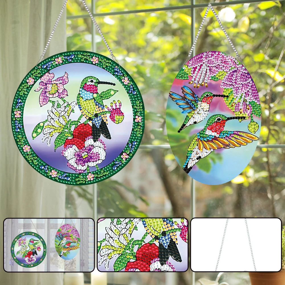 

2pcs Hummingbird Theme 2D Flat DIY Diamond Art Pendant Decor for Home & Windows