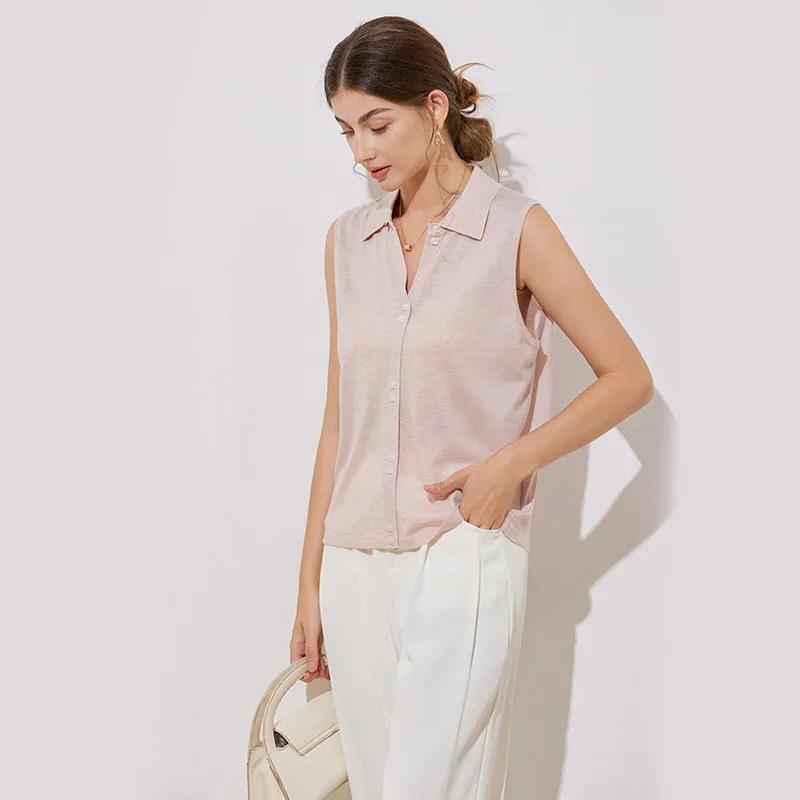 Top estivo casual in maglia senza maniche con colletto con risvolto e bottoni sul davanti per abiti da donna in maglione casual da ufficio e quotidiano