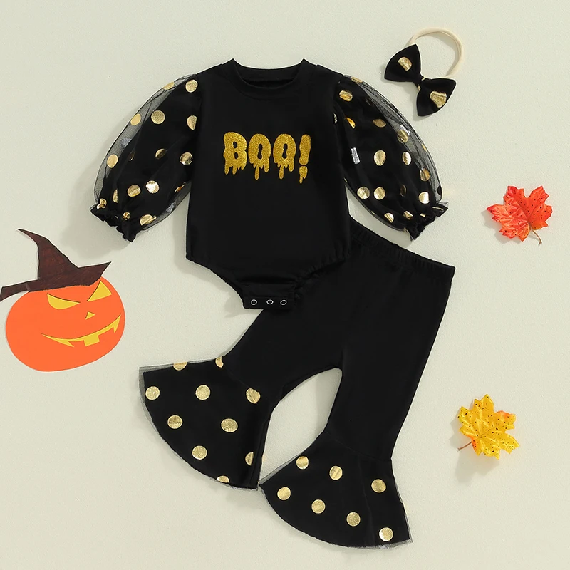 Newborn Baby Girl Halloween Outfit Letter Long Sleeve Romper Dot Pattern Flare Pants Bow Headband 3Pcs Clothes Set