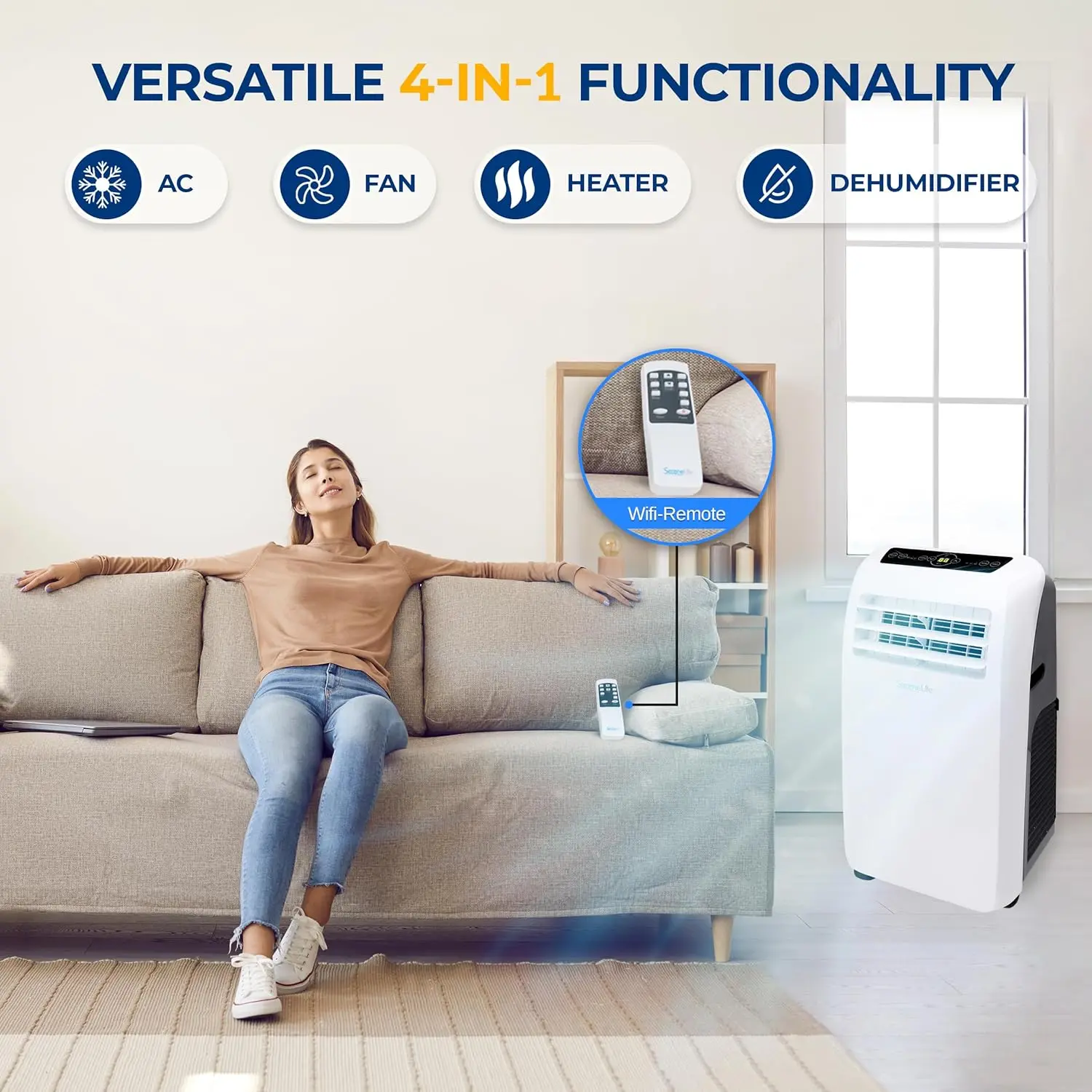 with Built-in Dehumidifier + Heat - Portable AC unit for rooms up to 550 sq