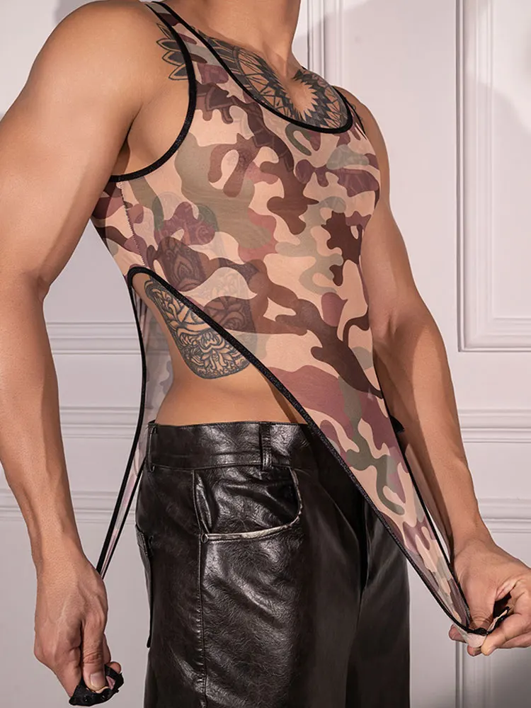 

Боди с открытой промежностью, топы, мужские камуфляжные колготки без рукавов, формирующие комбинезоны, высокоэластичные прозрачные сексуальные мужские купальники