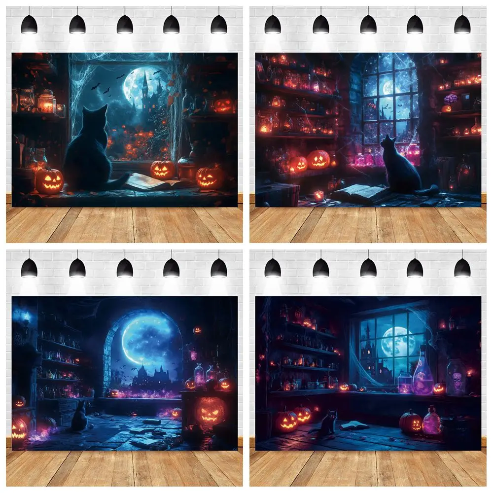 

Halloween Mystery Laboratory Backdrop Night Moon Reagent Bottles Black Cat Pumpkin Lanterns Kids Portrait Photography Background