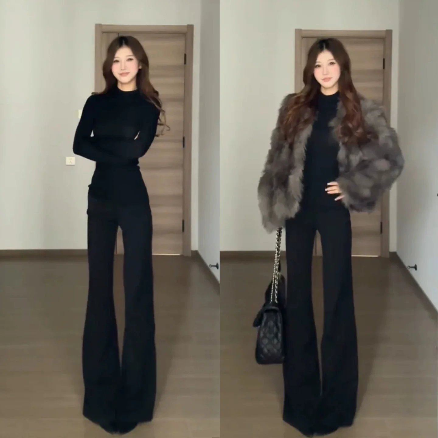 Ladies' solid color black casual elegant commuting high waisted straight leg pants suitable for daily outings office commuting