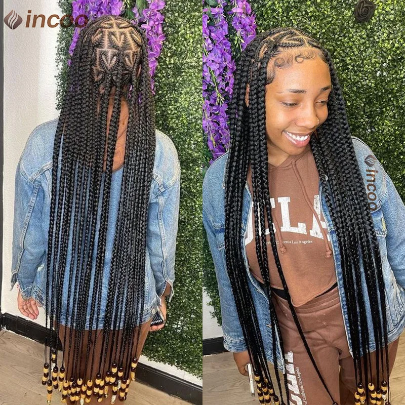 Incoo Long 36'' Heart Part Braided Wigs Synthetic Knotless Box Braid Lace Frontal Wigs For Black Women Handmade Cornrows Braids