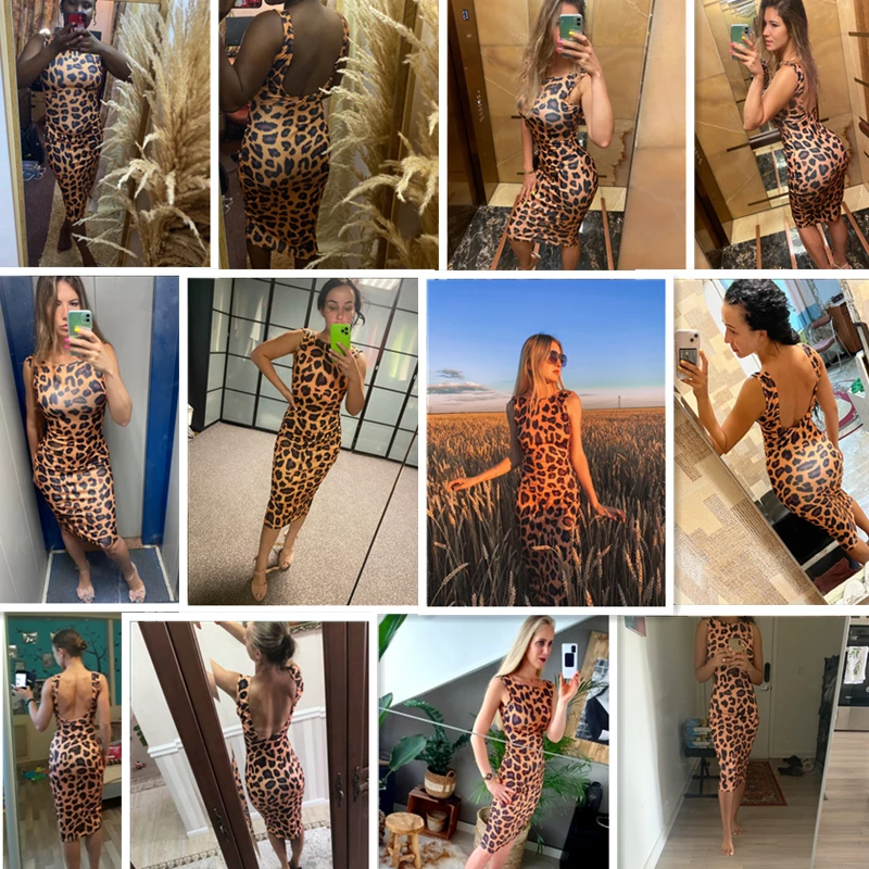 AHAgaga 2022 Sexy Leopard Print Dress Women Fashion Backless Sheath Bodycon Prom Gown Sleeveless Female Party Dress Vestido Robe