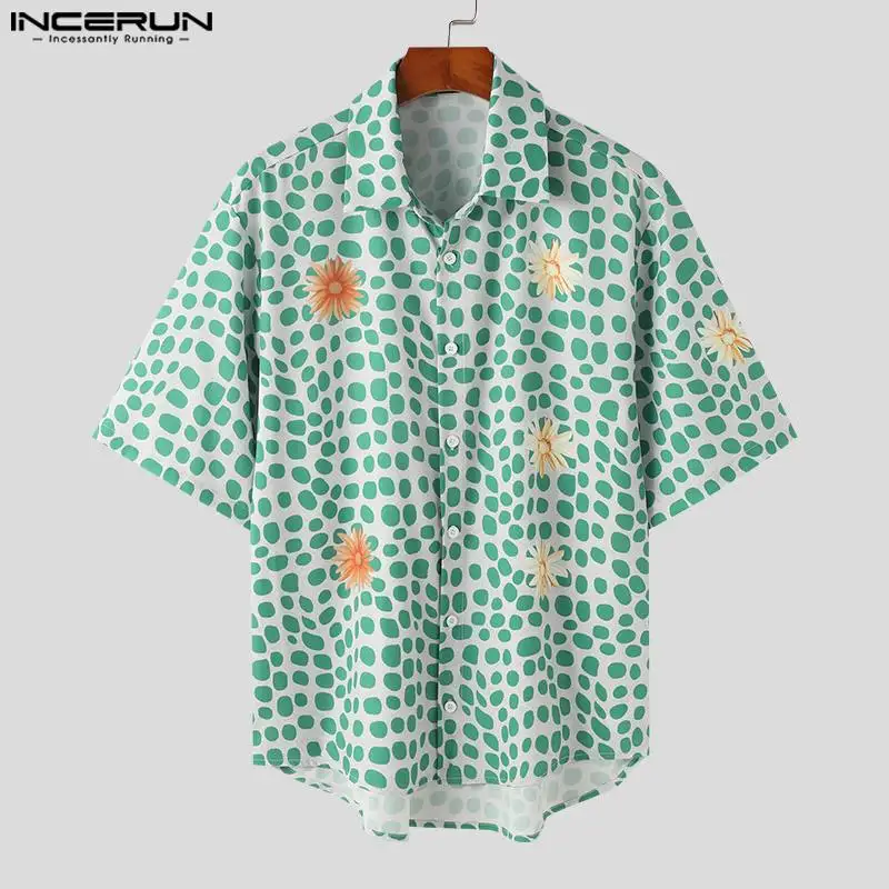 INCERUN-Tops de estilo coreano para hombre, camisas con estampado divertido de personalidad, ropa de calle de ocio, Blusa de manga corta con solapa, S-5XL, 2024