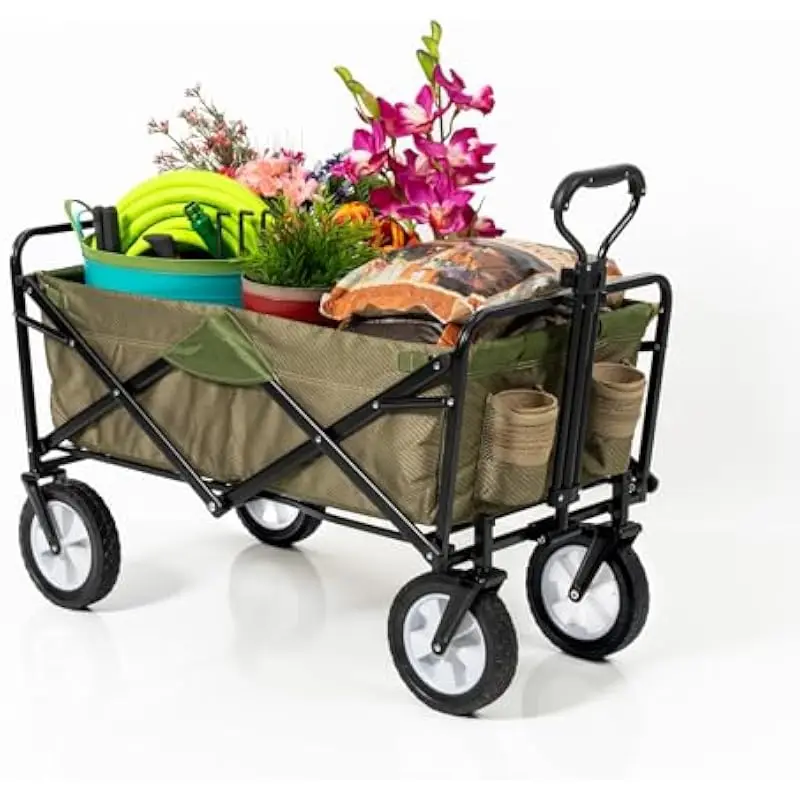 Foldable Utility Wagon with All-Terrain Wheels – Taupe and Olive Two-Tone Design – 35.5 Inch Length – Steel Frame Construction –