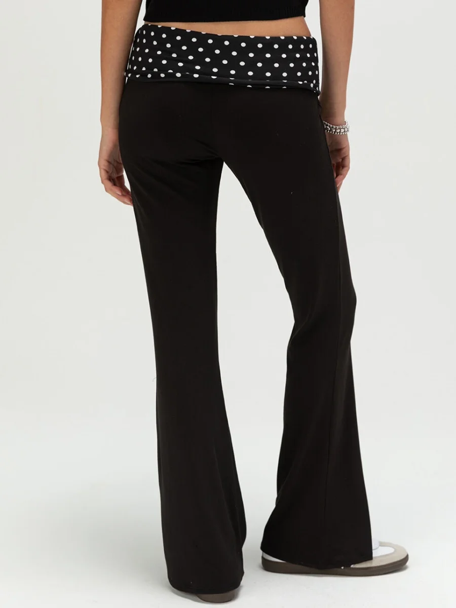 レディース水玉模様折り返しウエストバンドフレアパンツ伸縮性ローウエストワイドレッグレギンスベルボトムスウェットパンツ