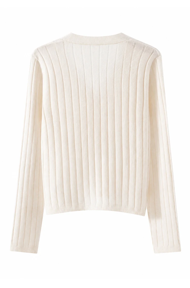 MZ62018 Damen Eleganter Gerippter Strickpullover mit V-Ausschnitt, Langen Ärmeln, Knopfleiste, Schmaler Passform, Modal-Mischung, Frühherbst-Pullover – Detail 15