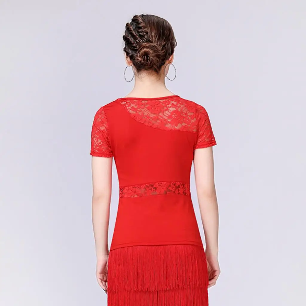 Ventilated Hollow Lace Latin Dance Dress Floral Short Sleeve Ballroom Dance Skirt for Women Performance