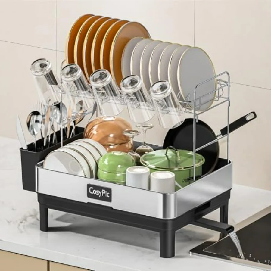

2 Tier Dish Drying Rack with Thicker Premium 304 Stainless Steel for Kitchen Counter Black Automatic Drainage Spout Dish Draine