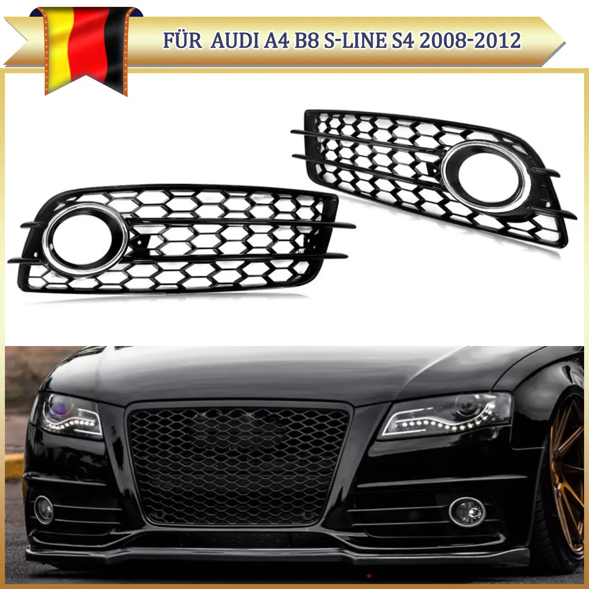 Nebelscheinwerfer-Grill für Audi A4 B8 S-Line S4 RS4 2008-2012, Wabenoptik Frontstoßstangen-Nebelscheinwerferabdeckung, Schwarzer Grill mit Chromring