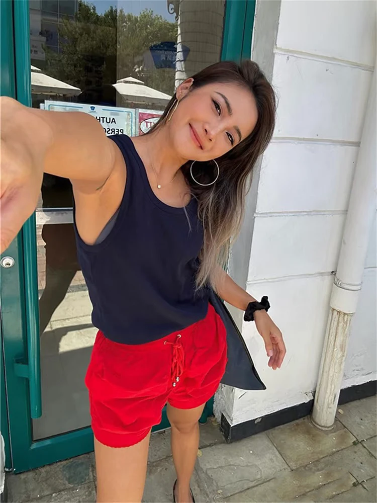 

2025 Summer nylon elastic drawstring workwear pocket lace slimming versatile shorts for women y2k