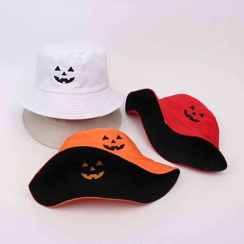 Reversible Embroidered Pumpkin Smiley Bucket Hat Sun Protection Fisherman Cap for Men Women Kids Daily Wear