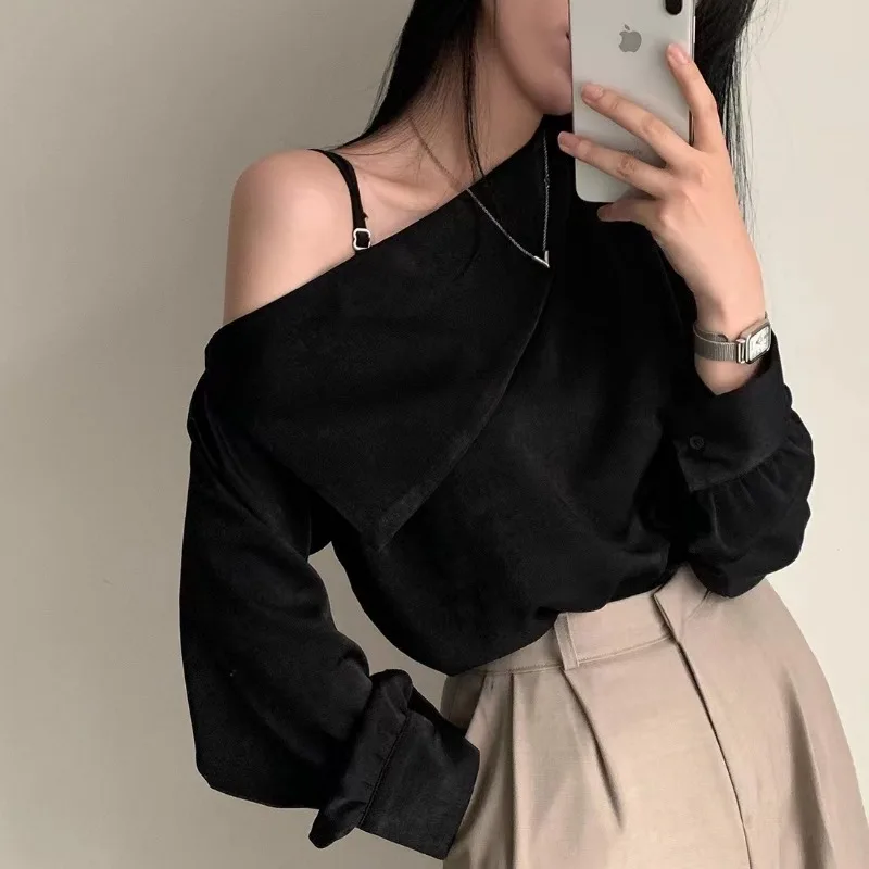 Women\'s Long Lantern Sleeve Shirt, Sweet Skew Collar, Sexy Off Shoulder Blouse, White Tops, Loose Clothes, Spring, Autumn, 8353