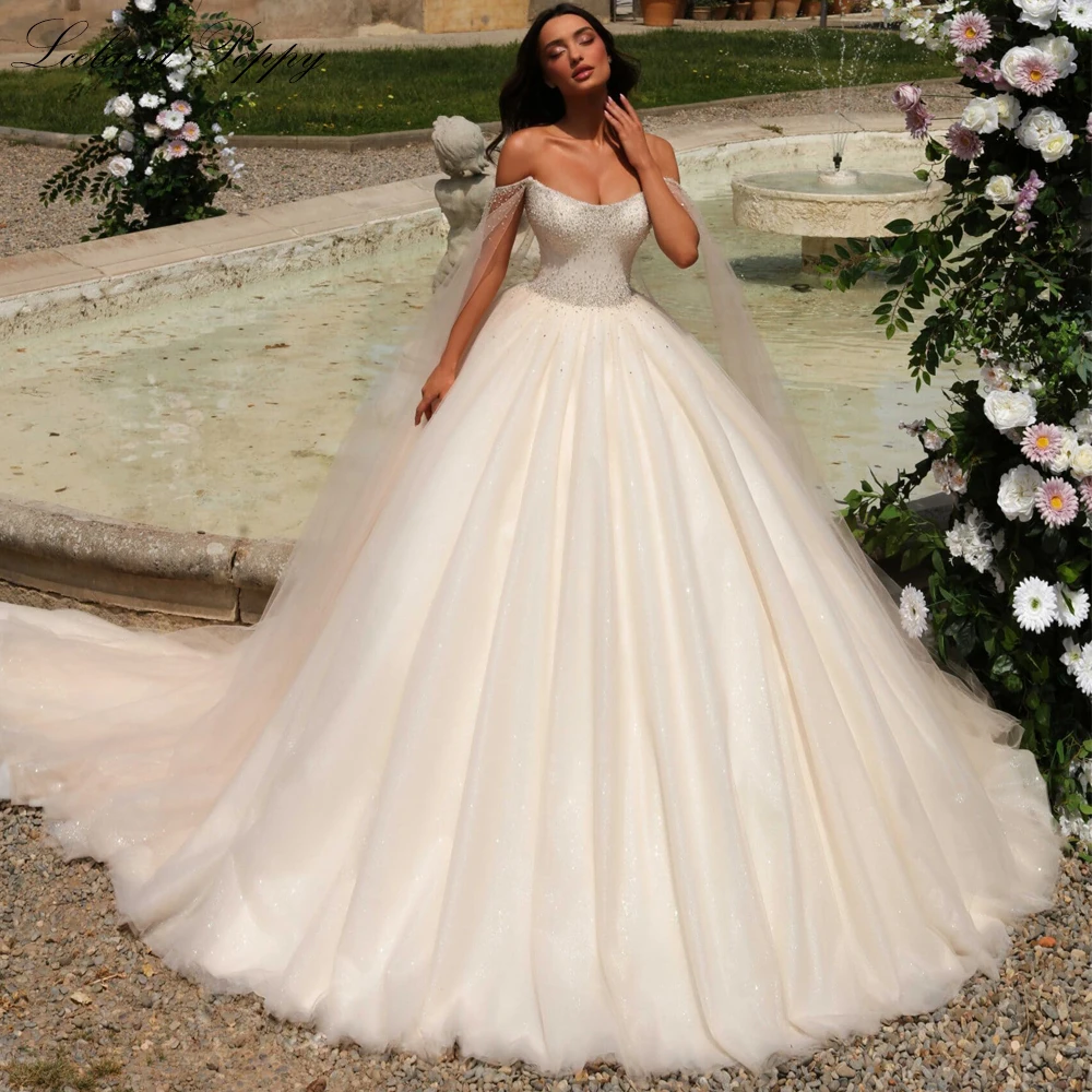 Island Poppy Damen Ballkleid U-Ausschnitt Glitzer Tüll Brautkleider Kristall Perlen Brautkleider mit Kapellenschleppe