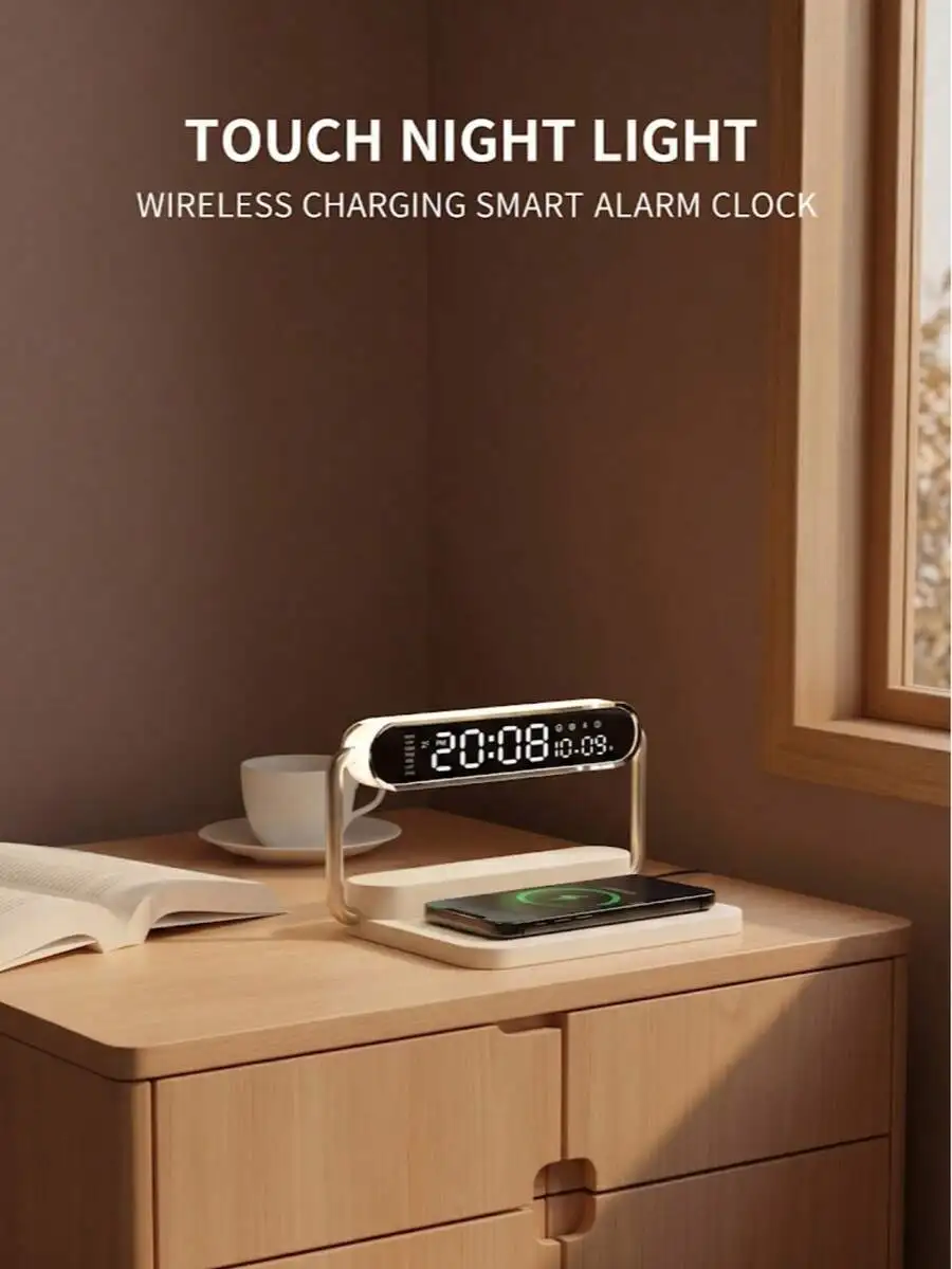 

Smart Alarm Clock Charger With Dimmable Lamp Foldable Station Digital Display Touch Control For Bedroom Desk Travel