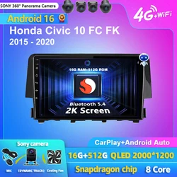 Android 16 Carplay Auto Car Radio Multimedia Player For Honda Civic 10 FC FK 2015-2020 Audio Autoradio GPS Stereo 2din Head Unit