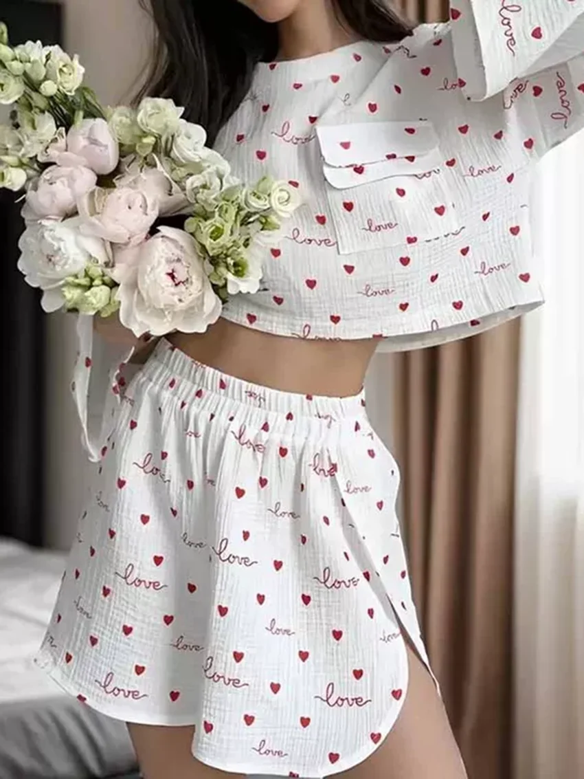 

Marthaqiqi Printing Women Pajamas Set Long Sleeve Sleepwear Sexy Crop Top Nightie O-Neck Nightgowns Shorts Casual Nightwear Suit