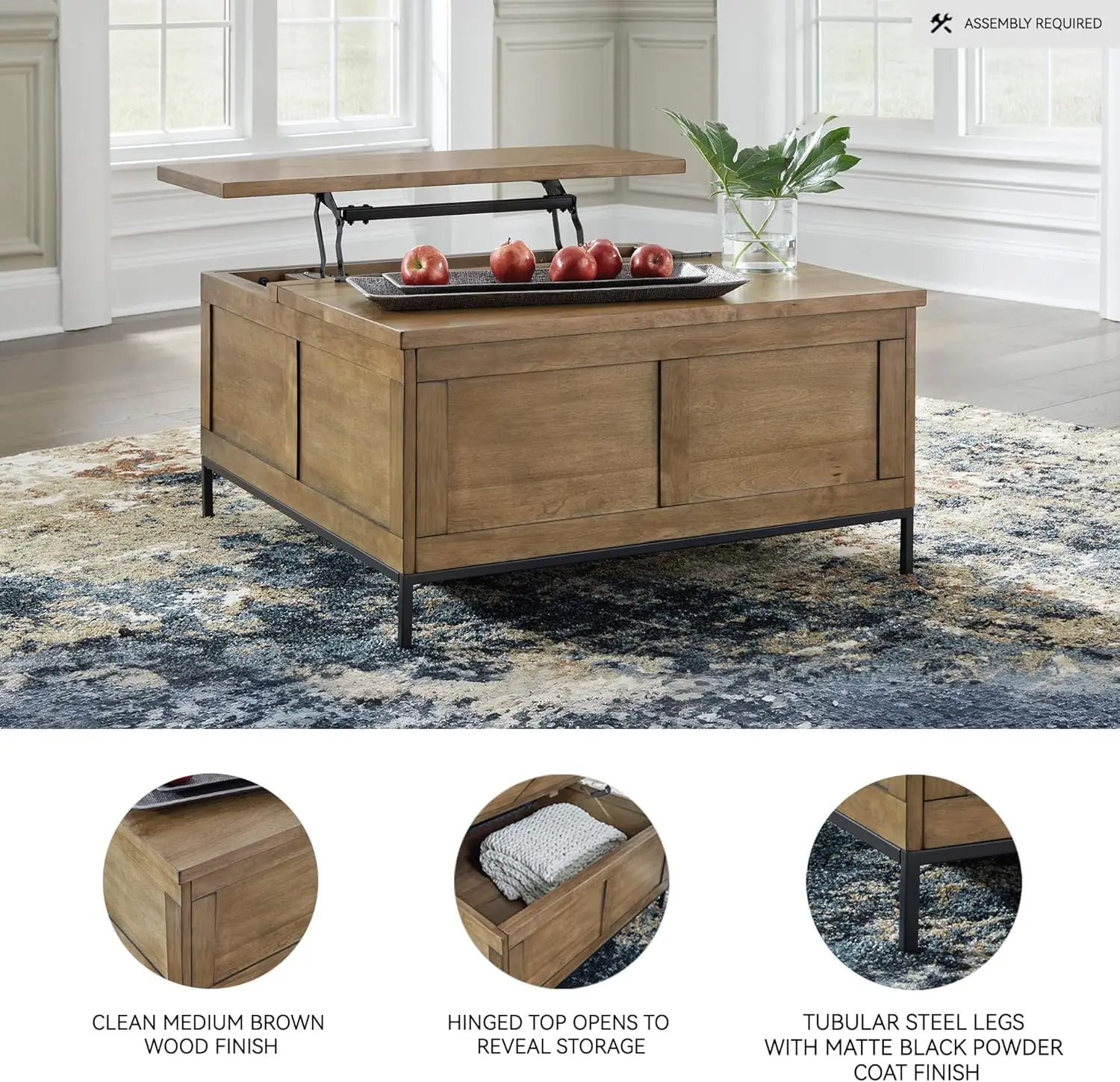 Signature Design by Ashley Torlanta Casual Lift-Top Coffee Table with Hinged Design and Storage, Light Brown & Black