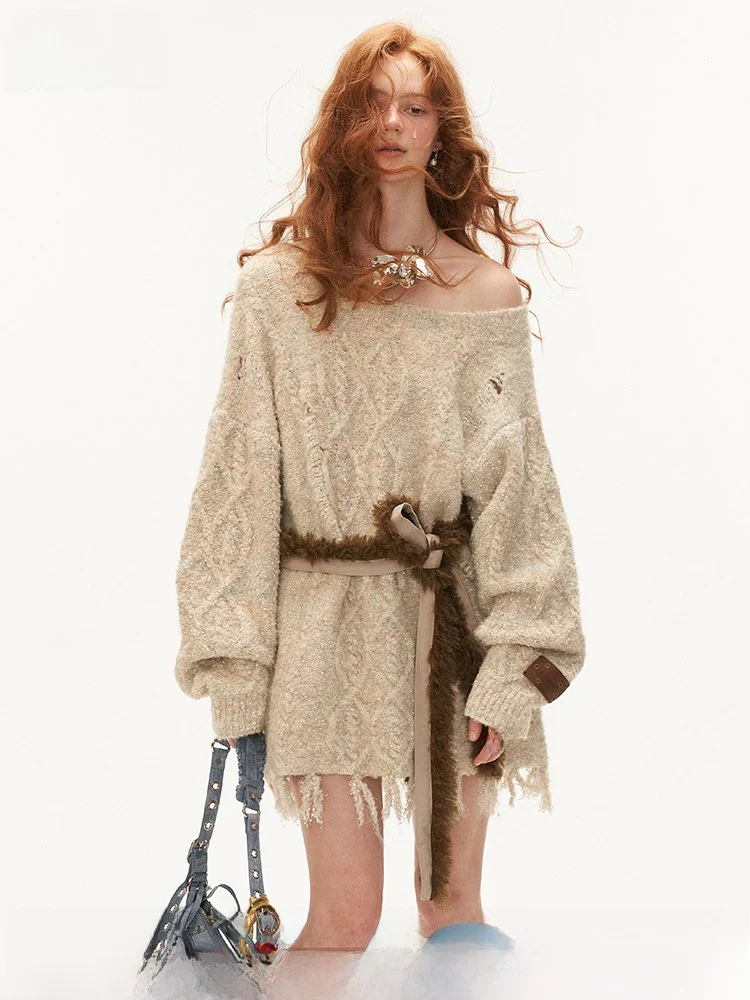 

MAMC Lazy Sle Long Sve Knitted Sweater Coat oulder Bared Tassel Women's Loose Fit Autumn New Arrival Outerwear Top