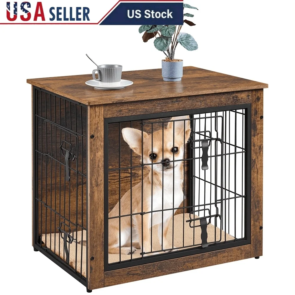 

Sturdy Wooden Dog Crate Furniture with Double Doors Soft Foam Mat Rustic Industrial Design Small Dogs and Puppies