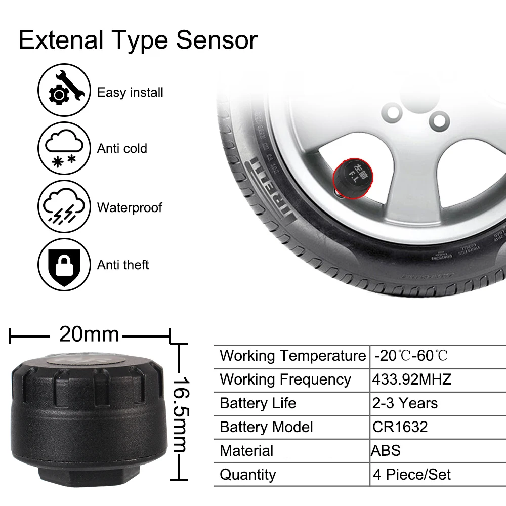 Tire Pressure Monitoring System USB Android Car TPMS With 4 Sensors Wireless Transmission TPMS Android Navigation Alarm System