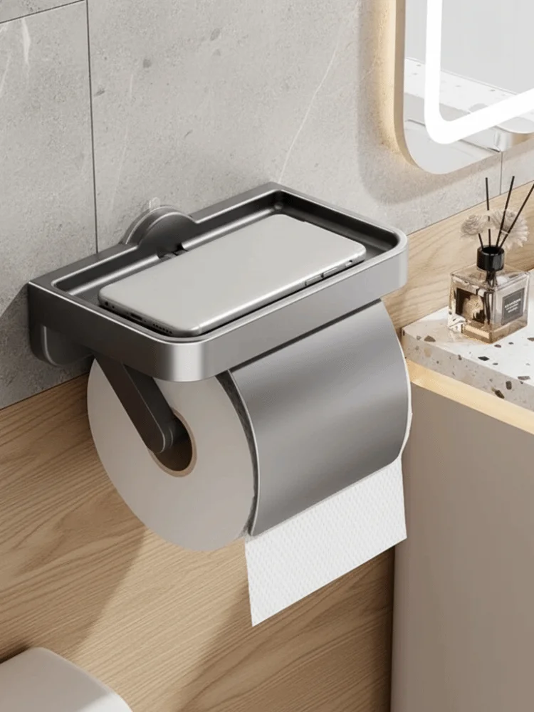 Aan de muur gemonteerde toiletrolhouder met zuignap Ruimtebesparend Papierrolopbergplank zonder boren Roestvrij telefoonopbergvak - afbeelding 2