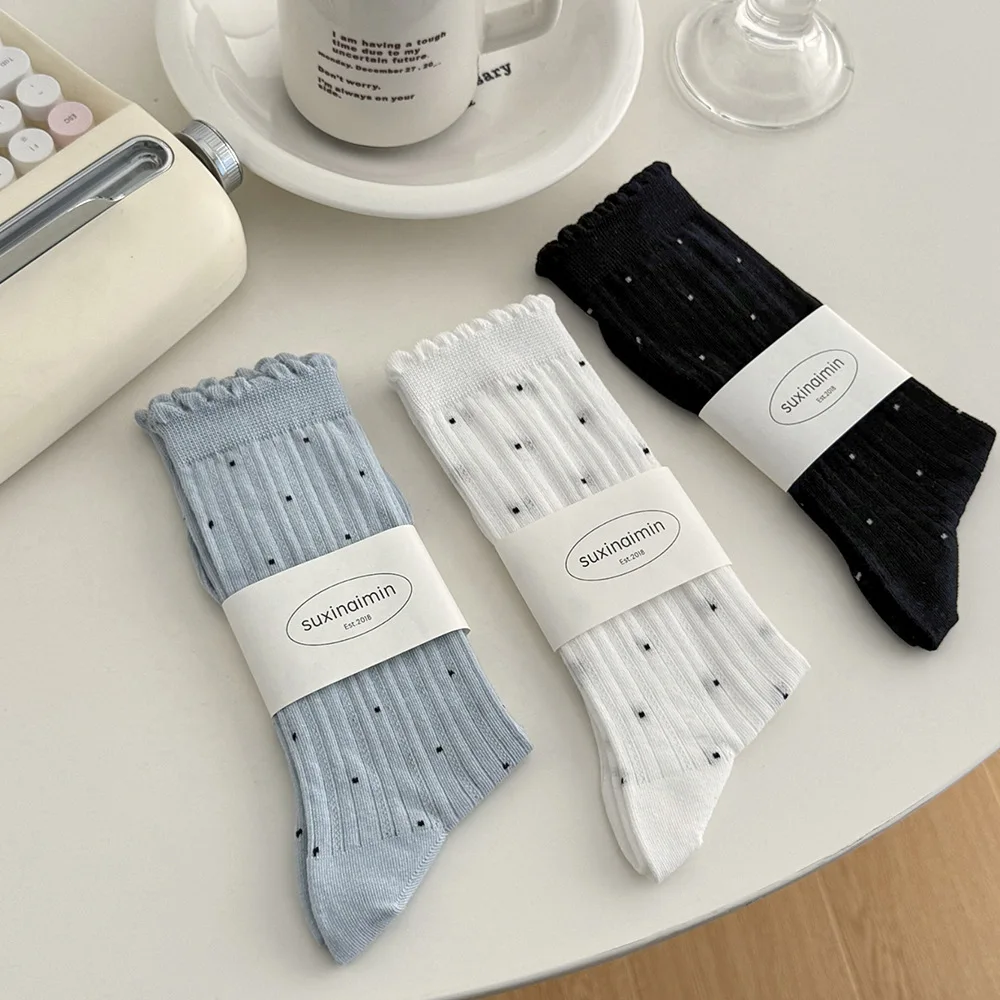 Sommerliche Dünne Gepunktete Damensocken Retro Harajuku Baumwoll-Crew-Socken für Frauen und Mädchen Modische Weiche Bequeme Japanische Kawaii Süße Socken