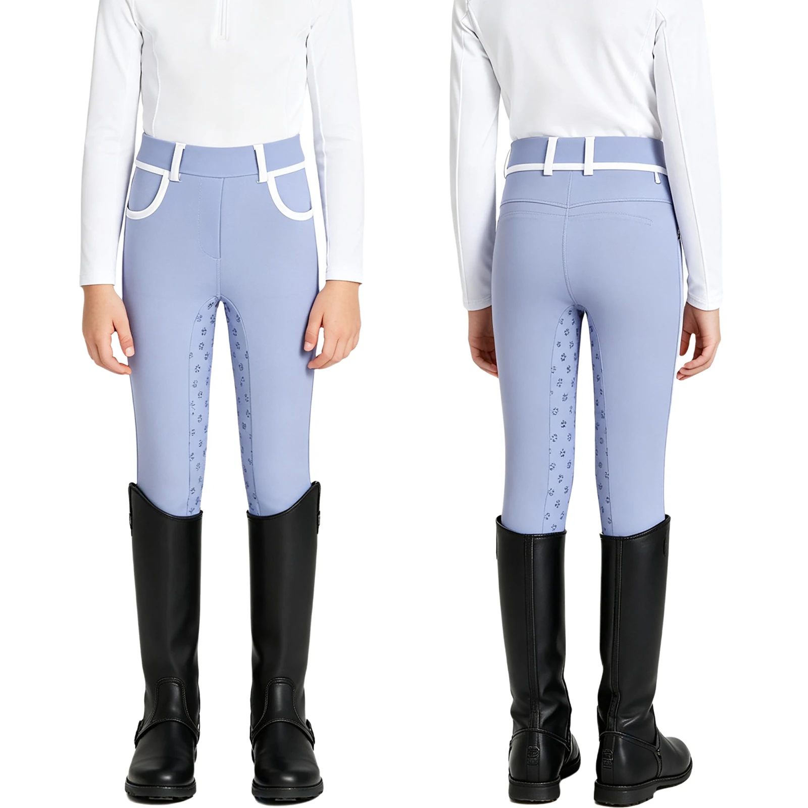 Pantaloni da equitazione antiscivolo per bambine, leggings equestri con bordi a contrasto, tasche e passanti per cintura