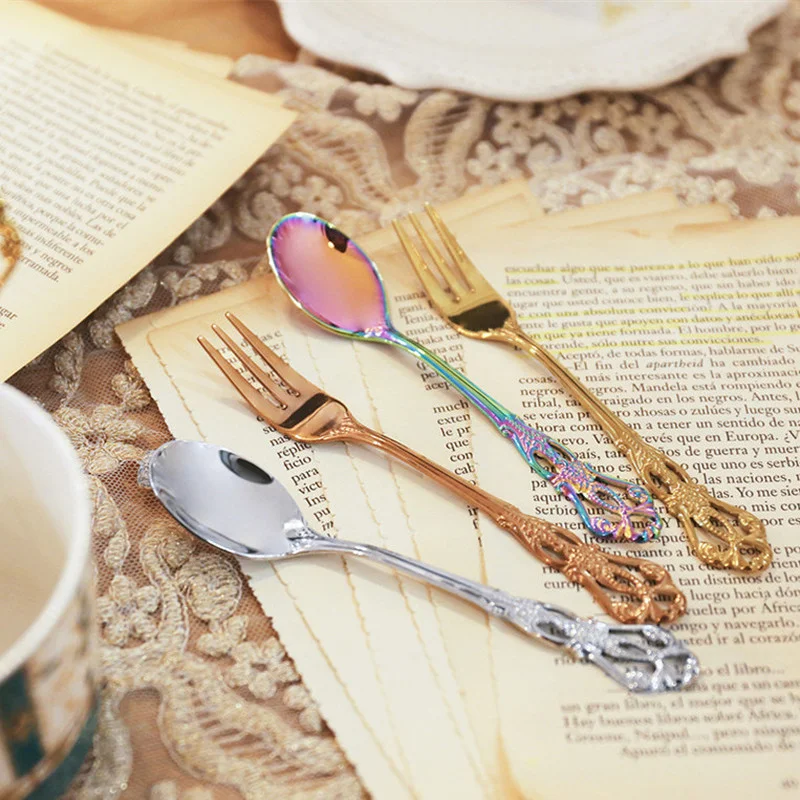 European Stainless Steel Coffee Spoon Royal Dessert Spoon Antique Hollow Cake Fruit Fork Embossed Spoon Gold