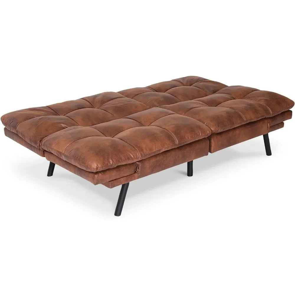 Bed, Leather Futon Couch Foldable Sofas, Natural Brown