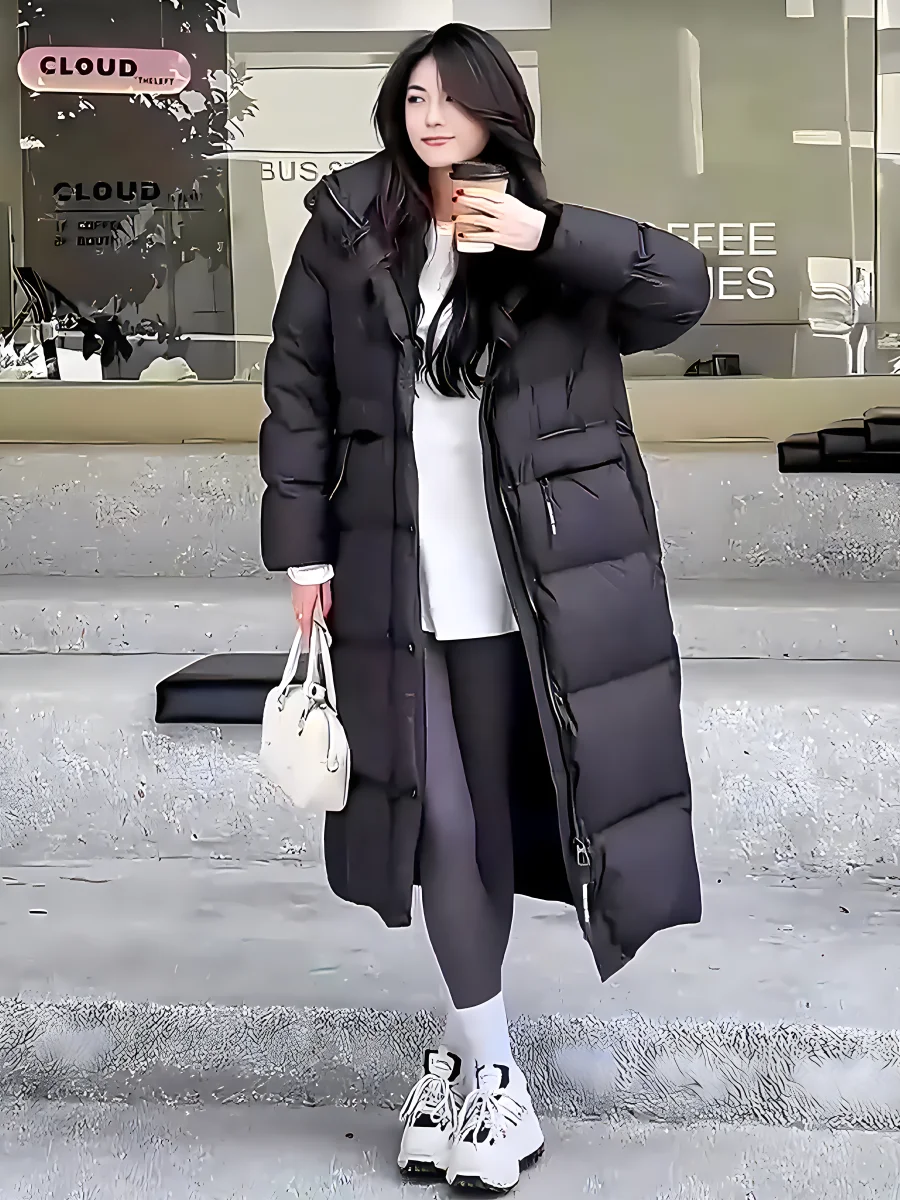 

Модное повседневное высококачественное белое пуховое длинное пальто для женщин, трендовая новинка зимы 2025 года, с капюшоном и воротником-стойкой
