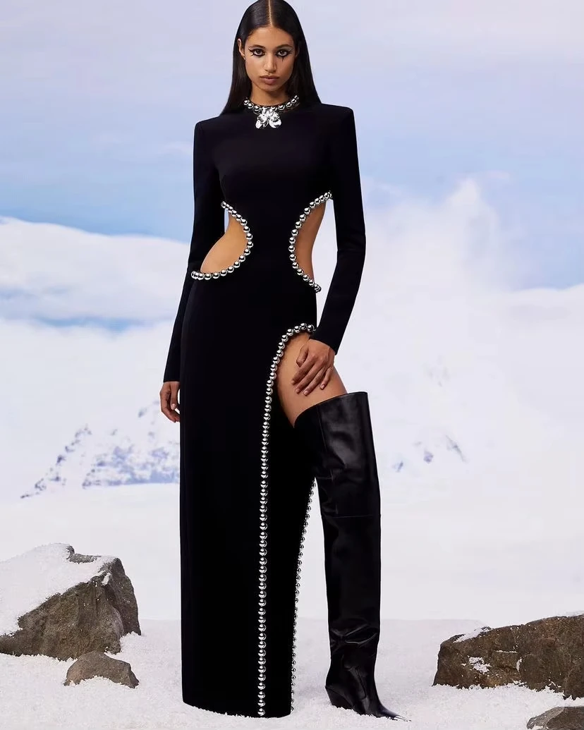 High Quality Heavy-duty Long Sleeved Sexy Hollow Nail Bead Slit Bandage Dress Evening Dress